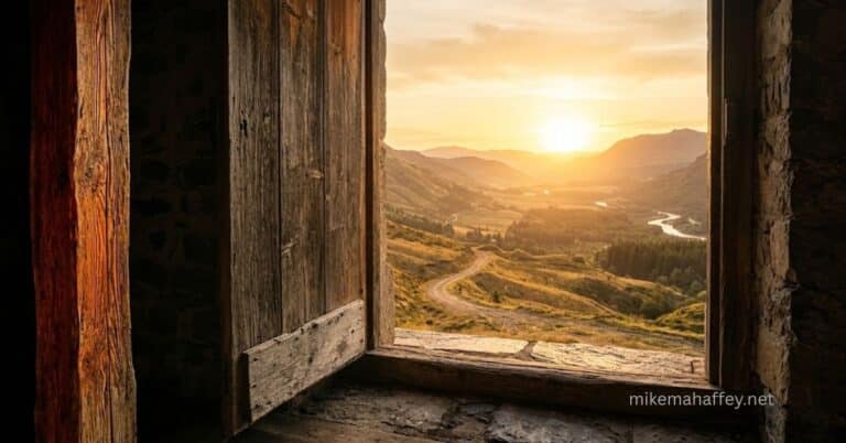 An ancient weathered wooden door stands open in a stone wall, framing a golden sunlit valley and winding road beyond, illustrating the open threshold of salvation through Jesus Christ the Lamb.