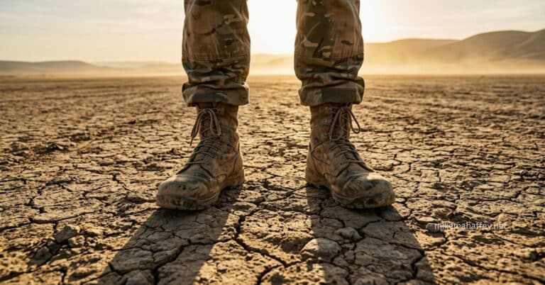 A soldier's worn combat boots and camouflage pants standing firmly on cracked dry earth, long shadows stretching forward in early morning light across a vast desert landscape, capturing the reality of the daily spiritual battle every believer stands in.