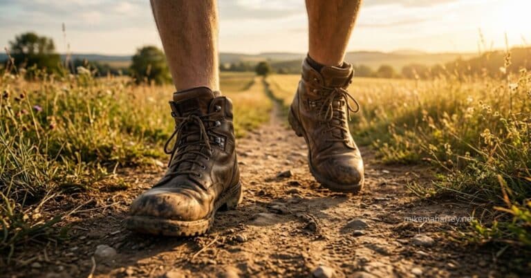 A close-up of worn leather boots walking forward on a narrow dirt path through an open field, golden sunlight flooding the horizon ahead, capturing the steady forward movement of how righteousness affects daily life in Christ.