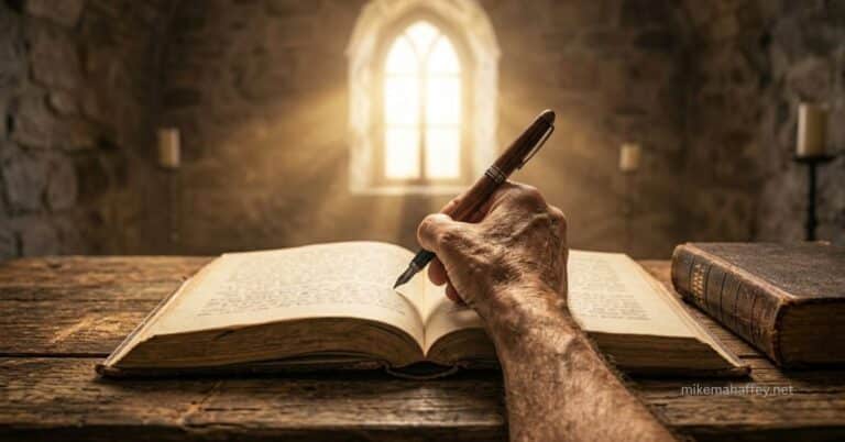 A weathered hand holding a fountain pen writing in an open journal on a rough wooden table, a closed Bible beside it and warm light streaming through a stone arch window behind, capturing the deliberate and personal practice of how to memorize scripture.