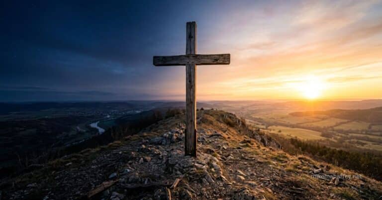A weathered wooden cross standing on a rocky hilltop at the exact boundary between a dark starlit sky on the left and a brilliant golden sunrise on the right, visually capturing the inseparable connection between the cross and the resurrection.