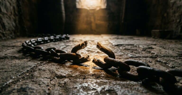 A heavy iron chain lying broken on the floor of a dark stone dungeon, the central link snapped apart with golden light streaming in from an opening at the far end, capturing the freedom from the sin nature secured at the Cross of Jesus Christ.