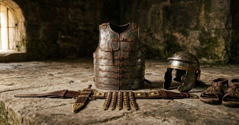 Ancient Roman armor including a weathered breastplate, helmet, belt, sandals, and sword laid out on a worn stone surface in a dimly lit stone room, representing the whole armor of God described in Ephesians 6.