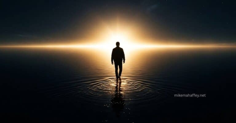 A lone figure walks across dark water toward an overwhelming light on the horizon, illustrating the truth that seeing spiritually means stepping forward in faith toward what God has already declared before it appears in the natural.