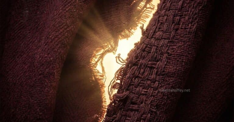 A thick ancient woven fabric torn open from top to bottom with warm golden light flooding through the frayed gap, illustrating the moment the temple veil was torn at the death of Jesus Christ.