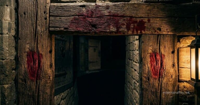 An ancient wooden door frame with blood marked on both doorposts and the lintel, lit by warm lantern light against a dark stone wall, illustrating the Passover covering that points to the eternal protection of the blood of Jesus Christ.