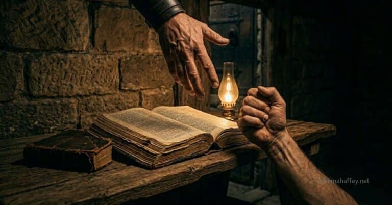 One hand reaching down toward another across an open Bible by lamplight in an ancient stone room, illustrating the biblical call to putting others first as taught in Philippians 2.