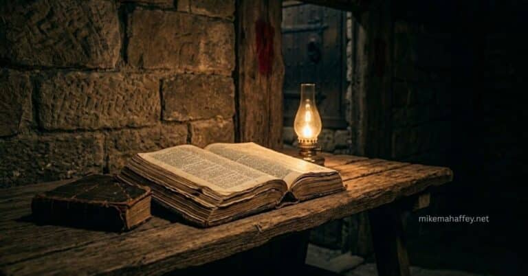 A well-worn open Bible on a rough wooden table illuminated by a glowing oil lamp against an ancient stone wall, illustrating the renewed mind that comes through daily immersion in the Word of Christ.