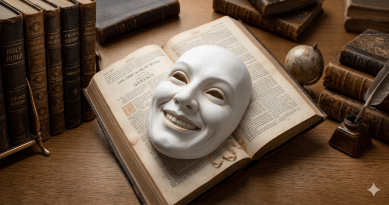 A white smiling mask resting on an open Bible surrounded by theology and church history books, representing the danger of religious performance without genuine relationship with Jesus Christ.