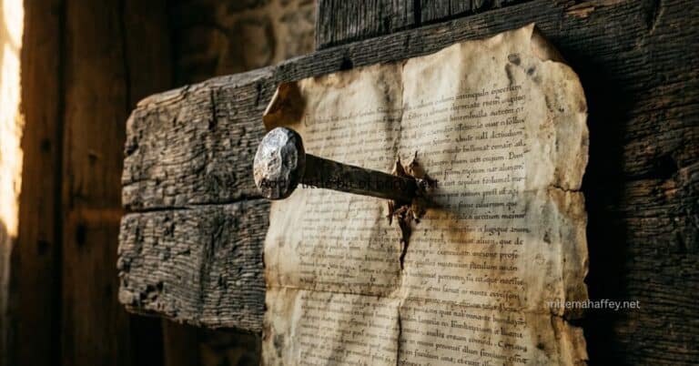 An ancient iron nail driven through a weathered parchment document pinned against rough dark wood, illustrating the debt of sin nailed to the cross by Jesus Christ at Calvary.
