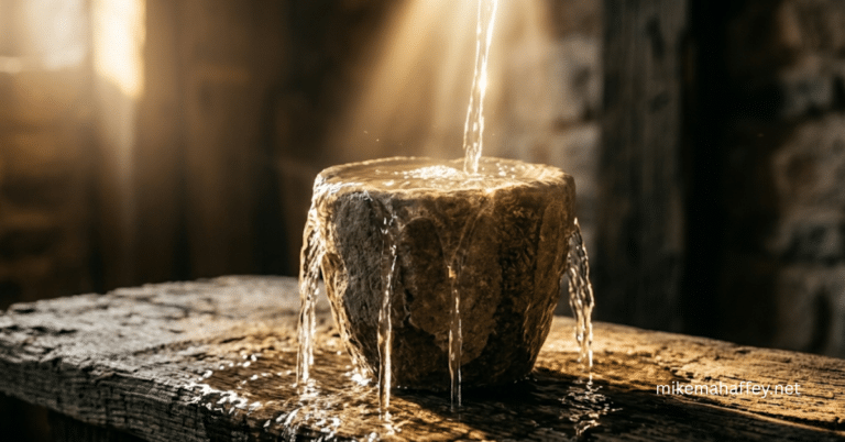 Clear water pours from above into an ancient stone vessel on a weathered wooden surface, overflowing down its sides in golden light, illustrating how God's love fills and overflows through a believer to others.