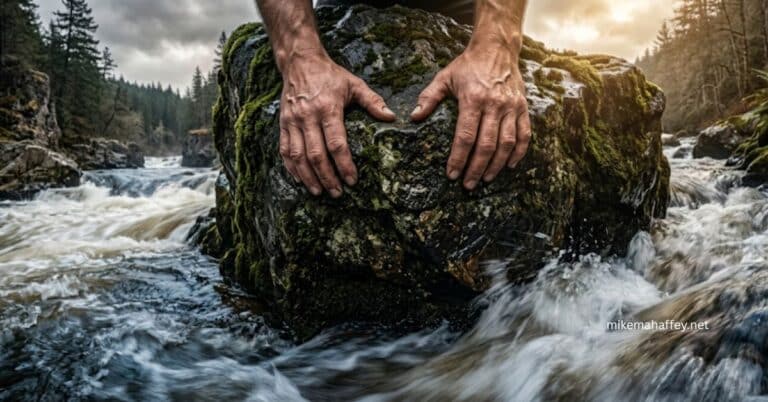 Two hands grip a moss-covered boulder as rushing white water swirls and presses in from all sides, illustrating the firm hold of faith on God's truth in the middle of doubt and uncertainty.