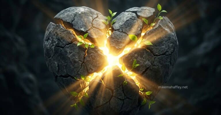 A cracked stone heart breaking open with golden light bursting from the center and green shoots growing from the cracks, representing spiritual transformation and growth through progressive sanctification.