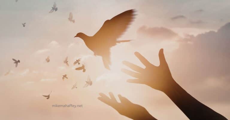 Hands releasing a dove into a sunlit sky filled with birds in flight, symbolizing freedom from guilt through God's forgiveness.