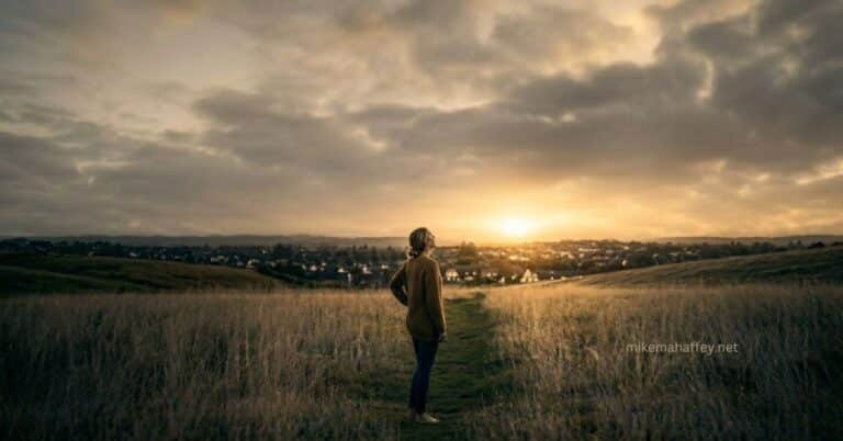 A woman stands in a golden field with her head lifted and body turned toward a glowing sunrise on the horizon, capturing the moment of turning from fear toward reverent awe of God.