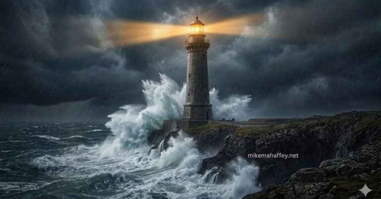 A stone lighthouse standing completely unmoved on a rocky cliff as massive waves crash and explode around its base in a violent storm, portraying God as the immovable refuge and steady light that can be trusted during tragedy.