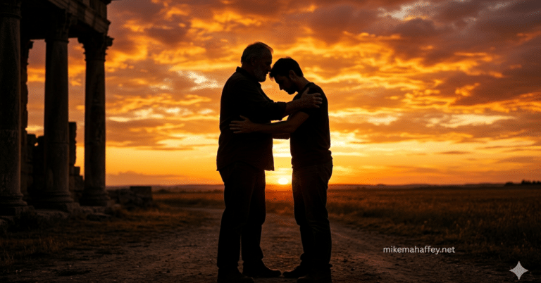 Two adult men embracing forehead to forehead against a blazing orange sunset sky with ancient stone columns in the background, picturing the reconciliation and return at the heart of repentance toward God.
