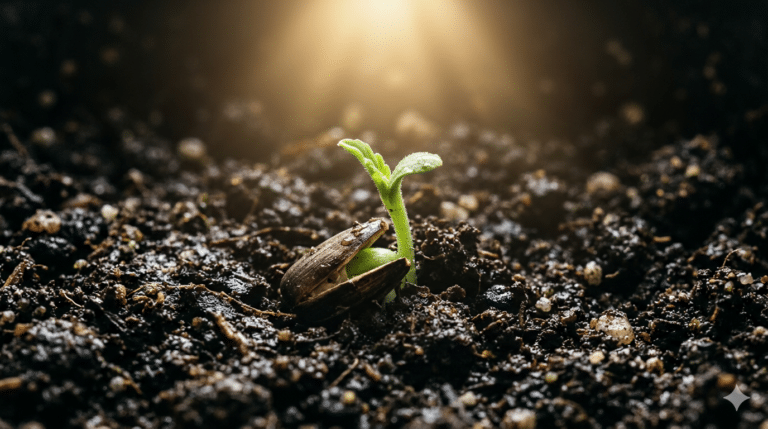 A cracked seed in dark soil with a fragile green shoot pushing upward toward a radiant golden light, illustrating the miracle of new life that comes through being born again in Jesus Christ.