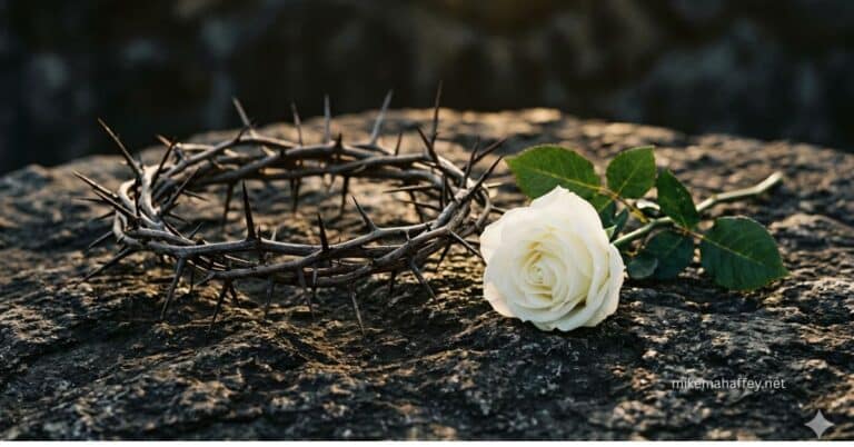 A crown of thorns and a white rose resting side by side on a dark stone surface, portraying the coexistence of suffering and beauty that points to the goodness of God revealed through Jesus Christ.