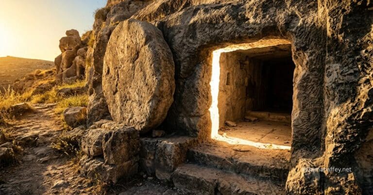 An ancient stone tomb carved into rock with a large round stone rolled to the side, warm golden morning light flooding the open entrance and illuminating the empty interior, capturing the moment that confirms every benefit of the resurrection of Jesus Christ.