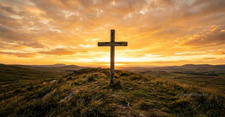 A weathered wooden cross standing alone on a grassy hill at sunset, warm golden light radiating from behind it across a wide open landscape, capturing the truth that Christ and Him crucified is the foundation everything else stands on.