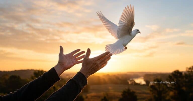 Two open hands releasing a white dove into a golden sunrise sky, the bird spreading its wings in flight above the outstretched hands, capturing the act of release at the heart of forgiveness and healing.