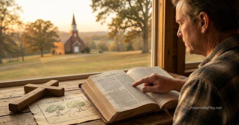 Mike Mahaffey studying Genesis 3 in a King James Bible during golden hour with a hand-drawn map of the Garden of Eden and a wooden cross.