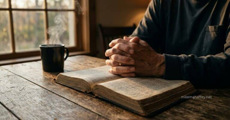 A man's hands folded in prayer resting on an open Bible on a worn wooden table, a steaming coffee mug beside him and warm morning light coming through a window, capturing the quiet daily discipline at the heart of the importance of daily prayer.