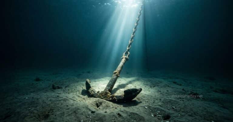 An ancient iron anchor rests settled on the sandy ocean floor as shafts of light penetrate down through deep water, its chain rising upward toward the surface, illustrating the cross of Christ as the permanent unmovable anchor of saving faith.