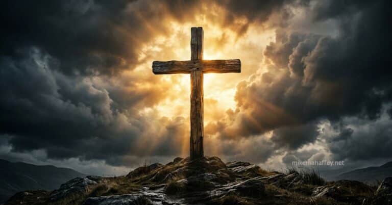 A rugged wooden cross stands on a rocky hilltop as golden light bursts through dark storm clouds behind it, pointing to what the cross of Christ accomplished over sin and darkness.