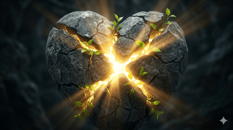 A stone heart cracking open with brilliant golden light bursting through the fissures and green leaves emerging from the breaks, visually depicting the miracle of regeneration when God replaces a heart of stone with a heart of flesh.