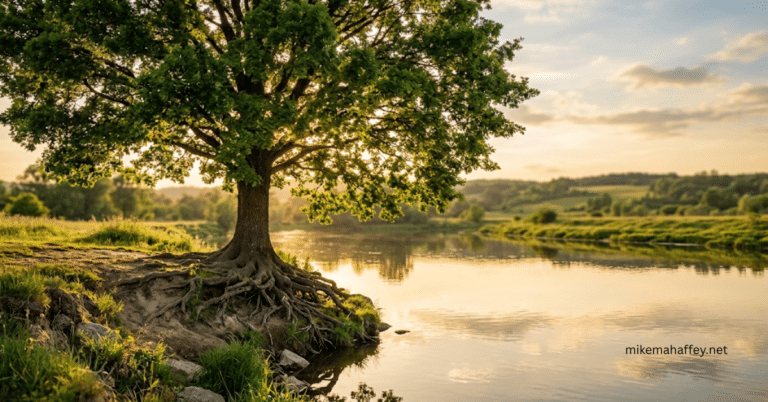 A large tree with deep exposed roots standing firmly on the bank of a calm river at golden hour, its full canopy reflected in the still water, illustrating the rooted and fruitful life described in what the Bible says about prosperity in Psalm 1:3.