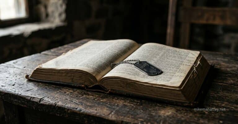 A heavily worn Bible lies open on a rough wooden table with a military dog tag resting on its pages, illustrating that the Bible is the final authority and the orders every soldier of Jesus Christ must know.