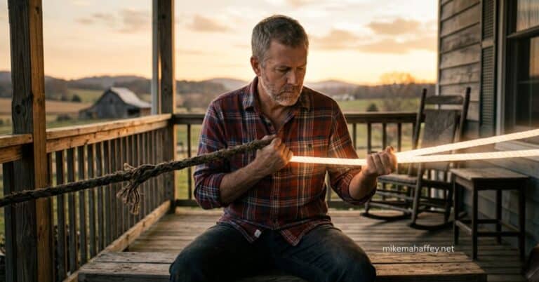 A middle-aged man in a flannel shirt sitting on a rustic front porch at sunset, gripping two ropes in an internal tug-of-war representing the struggle between the sin nature and the Spirit.
