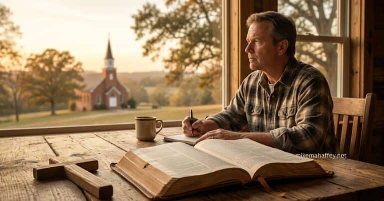 A man studying a King James Bible at a wooden desk during golden hour with a view of a New Albany Mississippi area church.