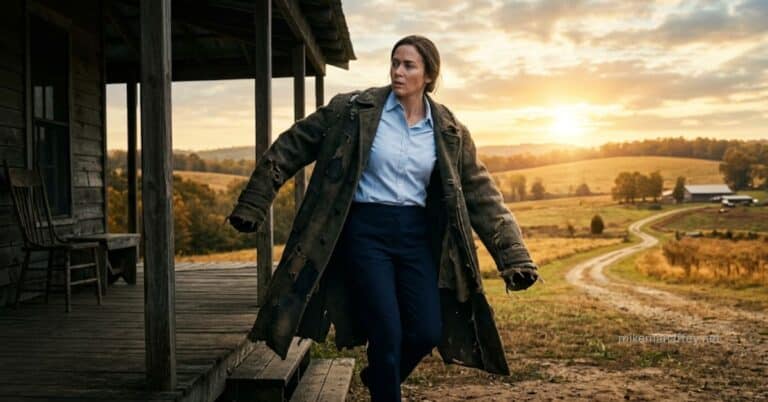 A woman in clean clothes stepping off a porch at sunrise while entangled in a heavy, tattered old overcoat representing the flesh.