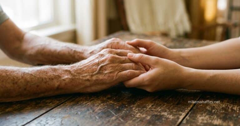 Close-up of younger hands gently holding the weathered, wrinkled hands of an elderly person across a worn wooden table, capturing the tenderness of honoring your father and mother.