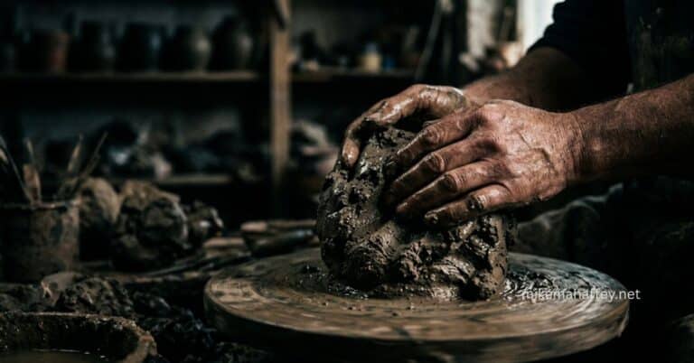 Close-up of a potter's hands working with gritty, imperfect clay, representing the biblical concept of being shapen in iniquity from Psalm 51:5.