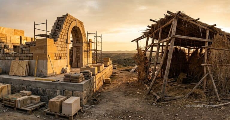Two contrasting foundations — solid stone and dry wood — illustrating Paul's warning in 1 Corinthians 3 about what we build on