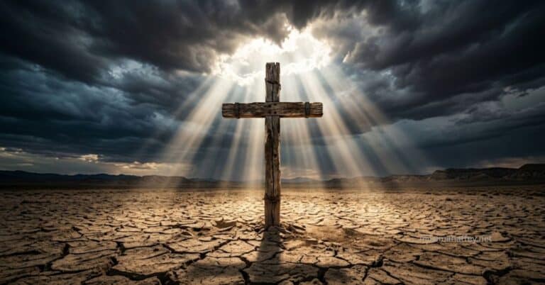 Weathered wooden cross standing on cracked dry earth with rays of light breaking through storm clouds