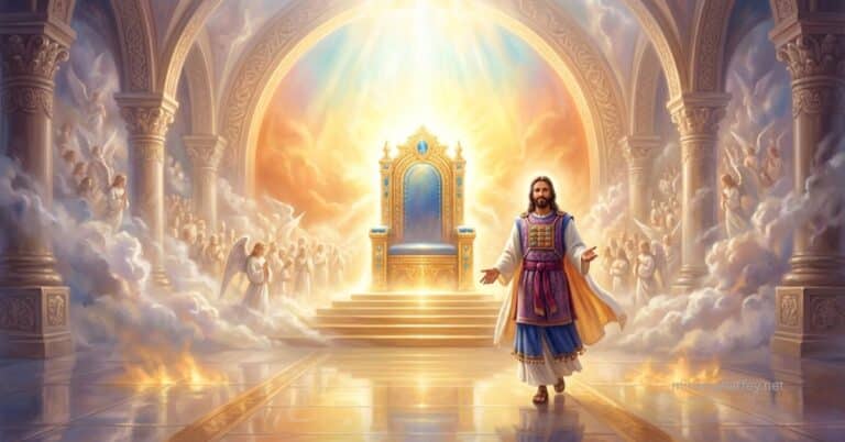 Jesus Christ as High Priest wearing a breastplate, standing before a golden throne in a celestial hall with angels.