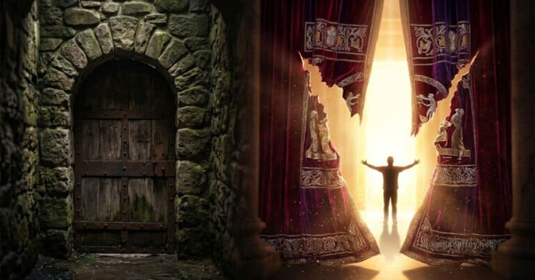 A conceptual split-screen showing a sealed stone door (First Adam) and a torn temple veil with a silhouette in golden light (Last Adam).