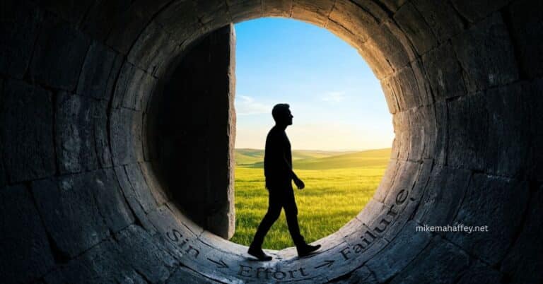 A silhouette of a man walking out of a dark stone tunnel engraved with the words Sin, Effort, Failure, stepping into an open green field under a bright sky — illustrating the believer leaving the cycle of defeat described in Romans 7