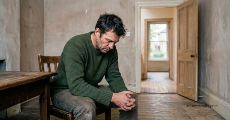 A photorealistic image of a man sitting alone in a dimly lit room, head bowed, hands clasped together in his lap thinking about the law of sin from romans 7:23