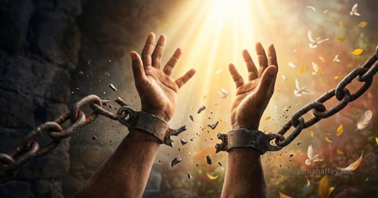 Broken chains releasing hands toward light — freedom from the law of sin and death through Christ