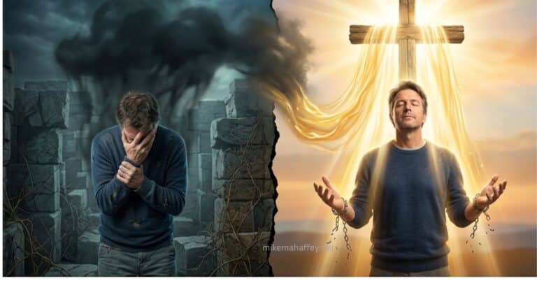 A man defeated by the flesh on the left, chains breaking at the Cross on the right — the war between the flesh and the Spirit