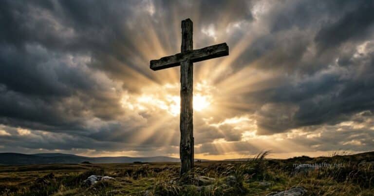 Wooden cross standing on open ground with light rays breaking through storm clouds — Victory Over the Sin NatureWooden cross standing on open ground with light rays breaking through storm clouds — Victory Over the Sin NatureWooden cross standing on open ground with light rays breaking through storm clouds — Victory Over the Sin Nature