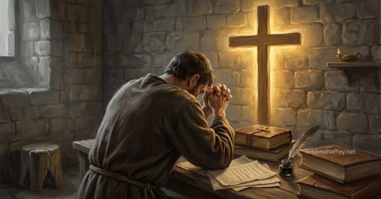 A man bowed in religious striving at a desk covered in books and checklists while the Cross glows with warm light directly behind him — illustrating what it means to be a carnal Christian.