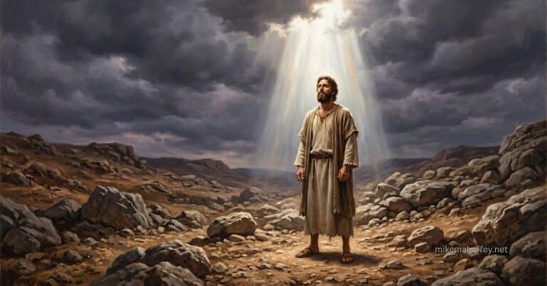 A solitary man stands in a barren wilderness under breaking storm light, representing Jesus enduring temptation as a man yet without sin — the sinless record that made the Cross valid.