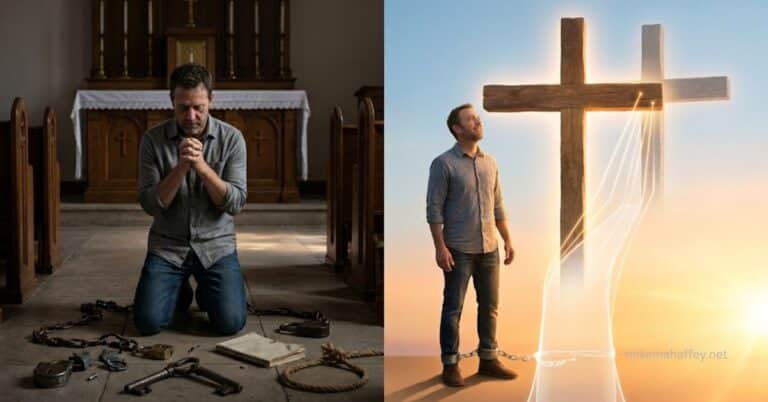 Why do I keep sinning as a Christian — a man kneeling at the altar in chains, then standing free at the Cross